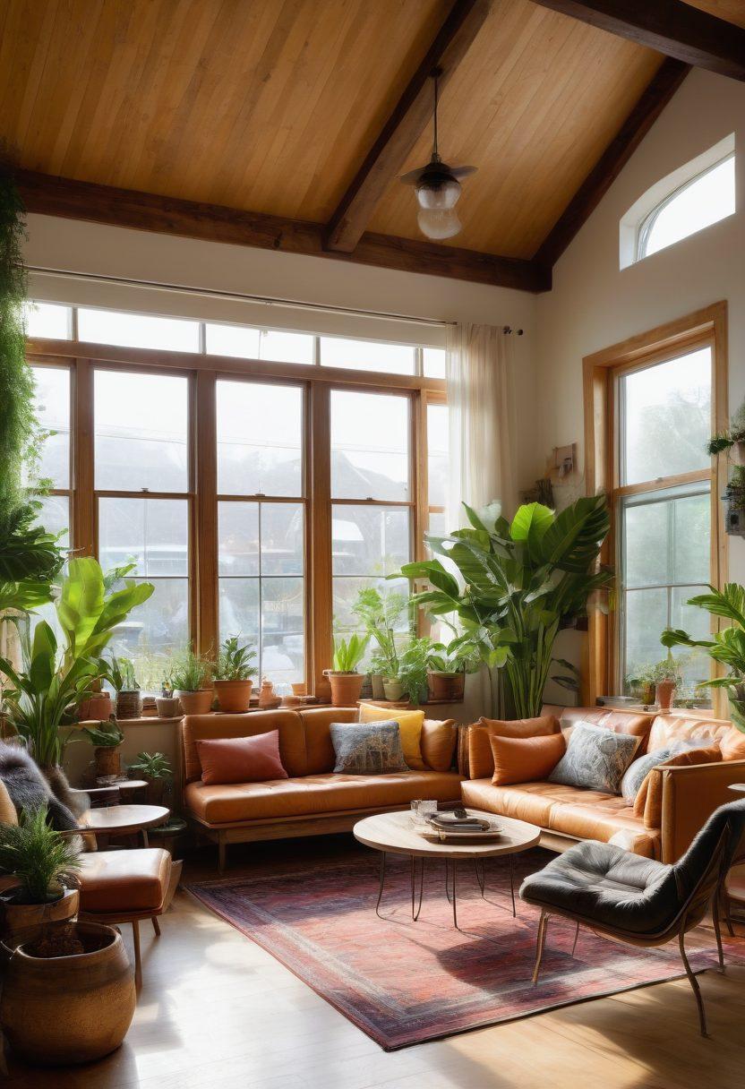 A cozy, modern living space adorned with eclectic decor reflecting various styles, showcasing a communal gathering of friends sharing drinks and laughter. Sunlight pours in through large windows, illuminating potted plants, stylish furniture, and artistic artworks. Incorporate elements of sustainability like reclaimed wood and DIY decorations. The atmosphere should be vibrant and inviting, exuding warmth and creativity. super-realistic. vibrant colors. natural light.