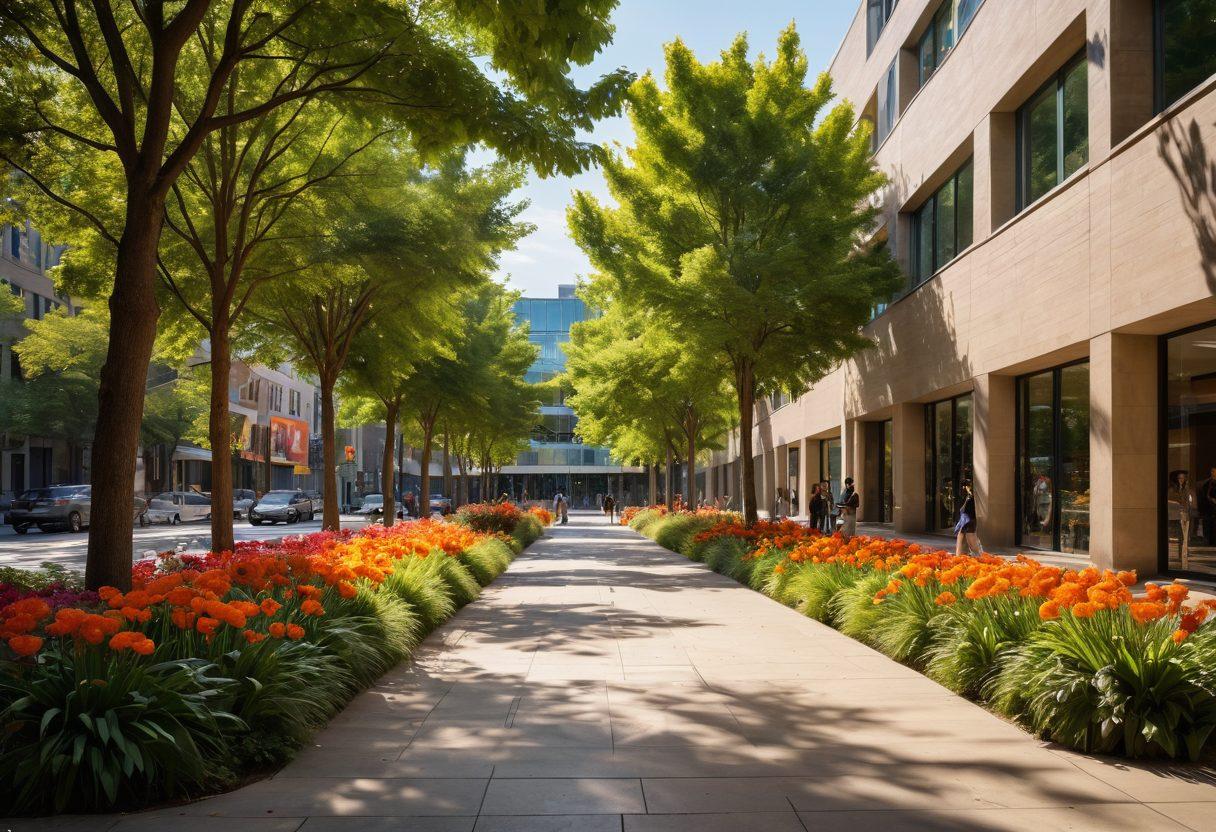 A serene urban landscape showcasing diverse individuals appreciating nature and modern architecture, surrounded by vibrant flowers and art installations. Include elements of community interaction and expressions of joy, with warm sunlight filtering through the trees, creating an inviting atmosphere. The scene should reflect a blend of aesthetics that celebrate beauty in everyday life. super-realistic. vibrant colors. dynamic composition.